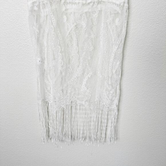 [Costyleen] White Fringe Hem Scoop Neck Sheer Beach Swim Coverup NWT Sz Medium M - Picture 5 of 11